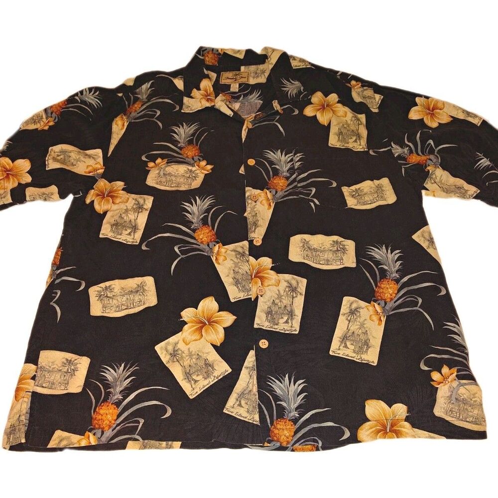 Jamaica Jaxx True Island Lifestyle Men's XL Silk Hawaiian Pineapple Shirt Black